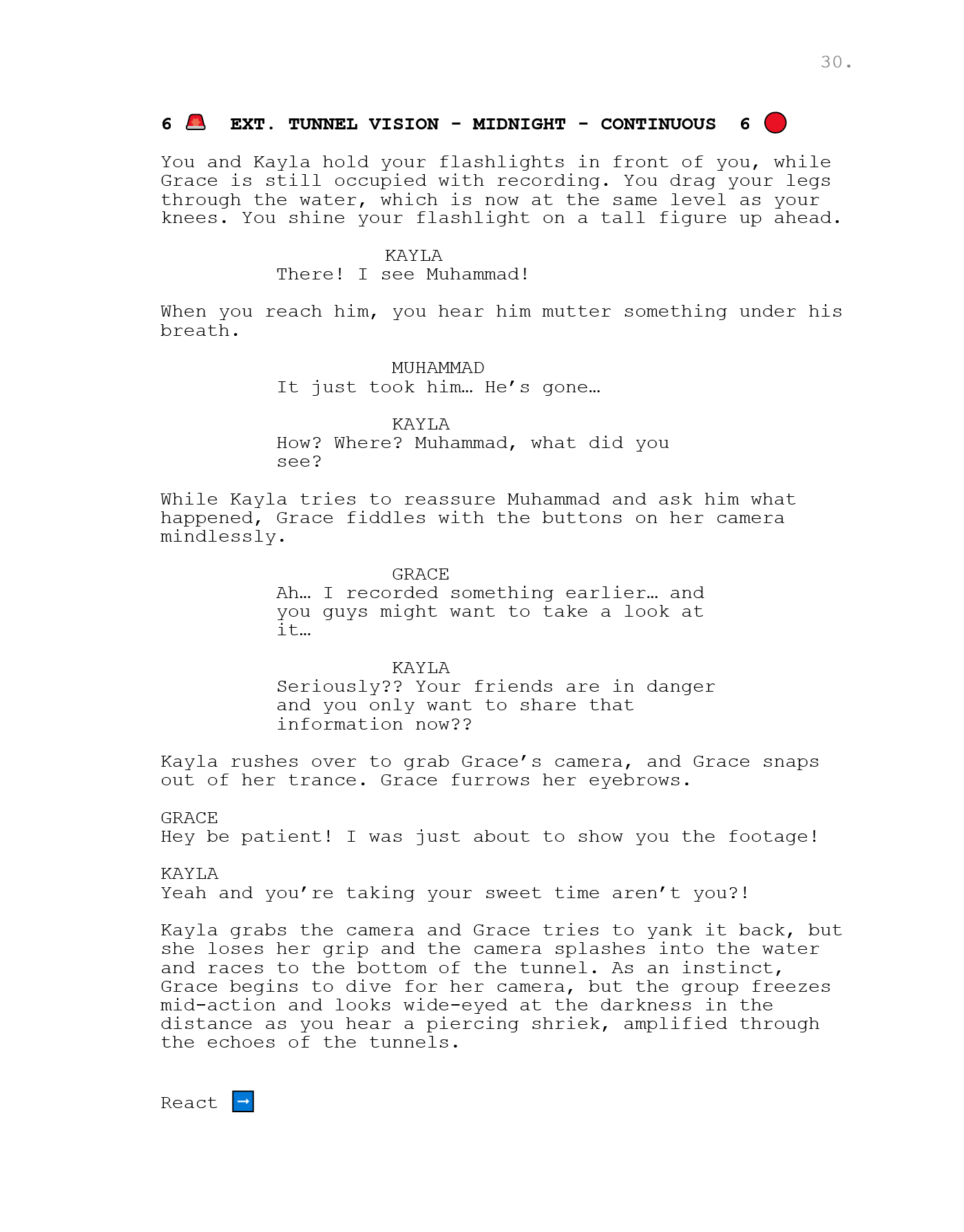Sample page from the Tunnel Vision script